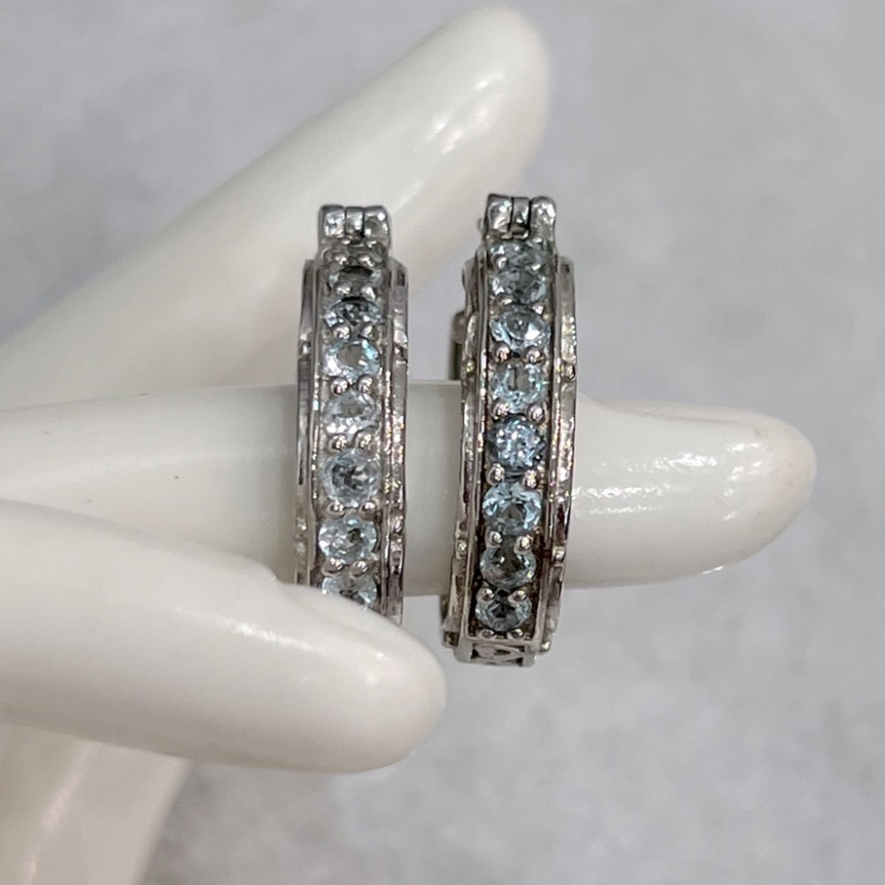 Sky Blue Topaz Silver Scroll Detailed Hoop Earrings - Picture 3 of 14